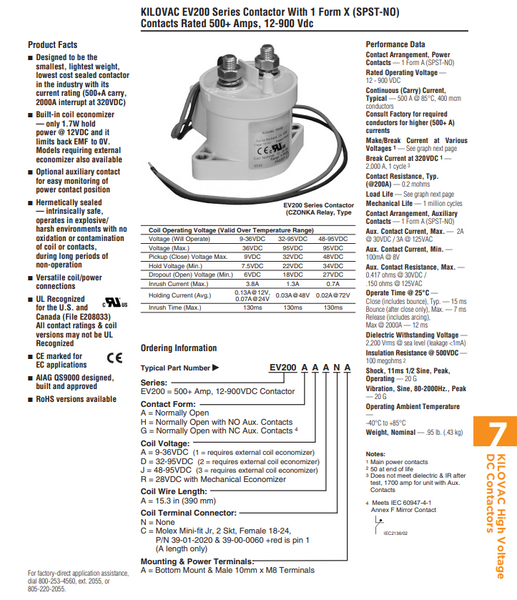 TE Connectivity EV200AAANA 500a 0-900vdc Tyco 12/24v