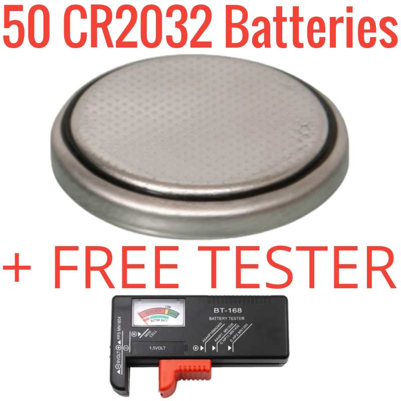 50 Pack CR2032 Lithium Batteries Free Tester Battery Hookup