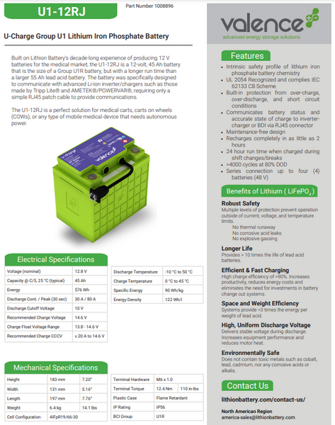 Tested 100%+ Valence U-Charge U1-12RJ LifePo4 Battery 12V 40Ah 512wh