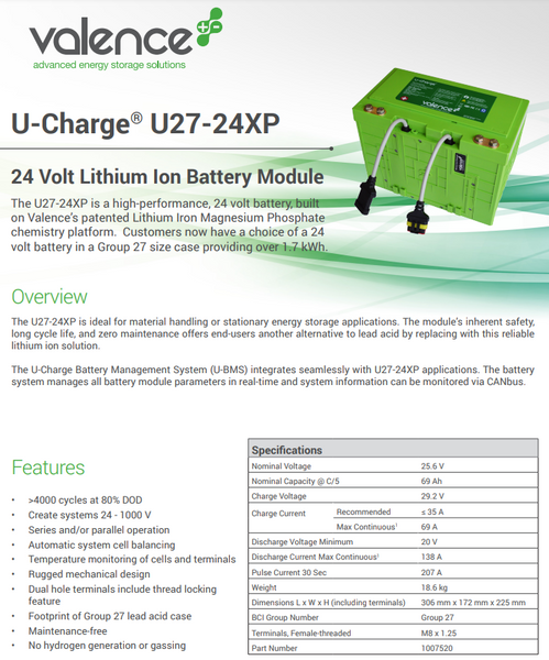 Valence 25.6v 69ah 1.77kWh U27-24XP