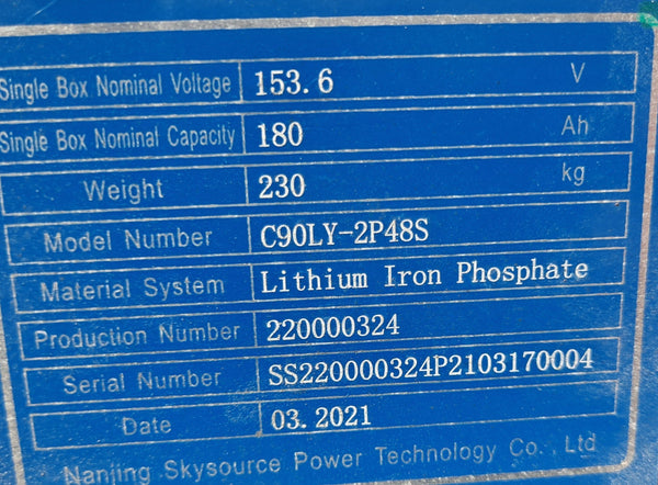 New NO CRATE 48s2p 153.6v 180ah 27.65kWh Lifepo4 Battery - $90/kWh