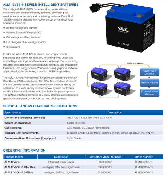 Parts NEC 12v35i HP CAN bus Lifepo4 - Power 210a BMS