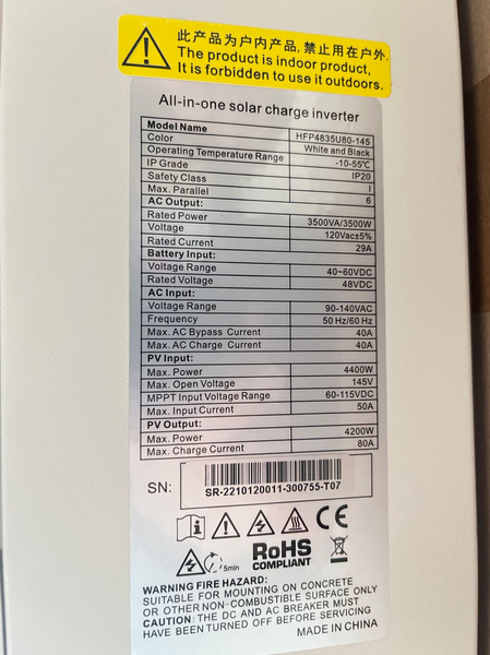 New SRNE 48v 3.5kW 120Vac All-In-One Solar Charge Inverter - HFP4835U80-145