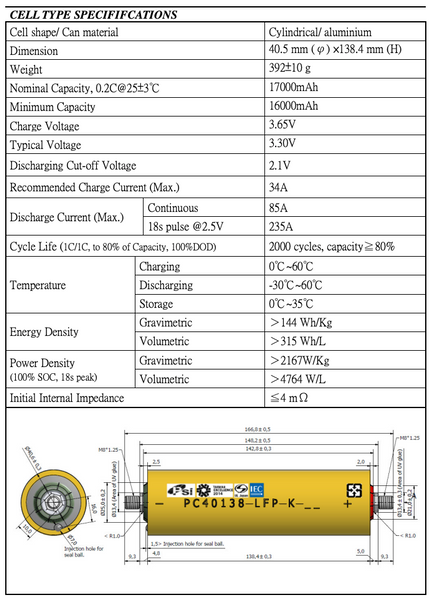 LiFePo4 Power Cells - PC40138-LFP - 3.2v 17ah
