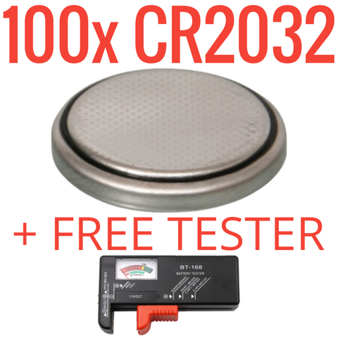 100 Pack CR2032 Lithium Batteries + Free Tester