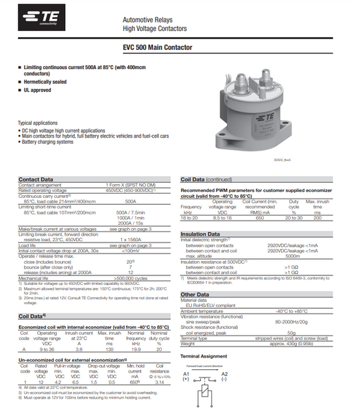 TE Connectivity EVC500 Contactor Relay 500a 0-900vdc 12v
