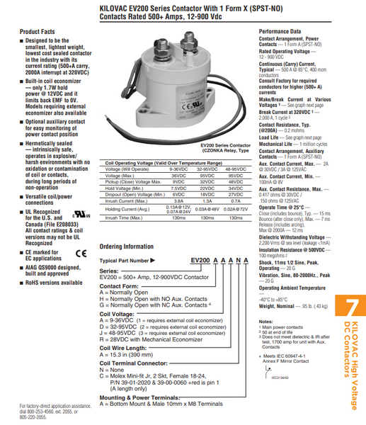 TE Connectivity EV200HAANA 500a 0-900vdc Tyco 12/24v + Aux. Contacts