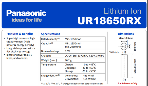 100x New Panasonic UR18650RX 3.6v 2050mah Cells