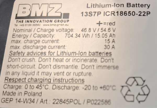 BMZ Samsung 48v 13s7p 704wh module with 15s BMS