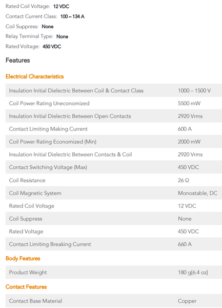 TE Connectivity 12v 135a 0-450vdc Tyco