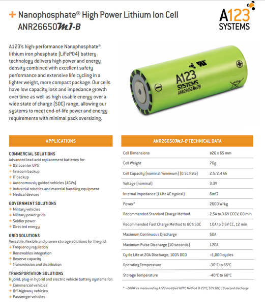 A123 12V MODULE with 4 26650 ANR26650M1-B LIFEPO4