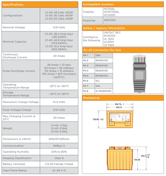Lifepo4 U1-50 Lifepo4 12.8v 51.2Ah 655.36Wh