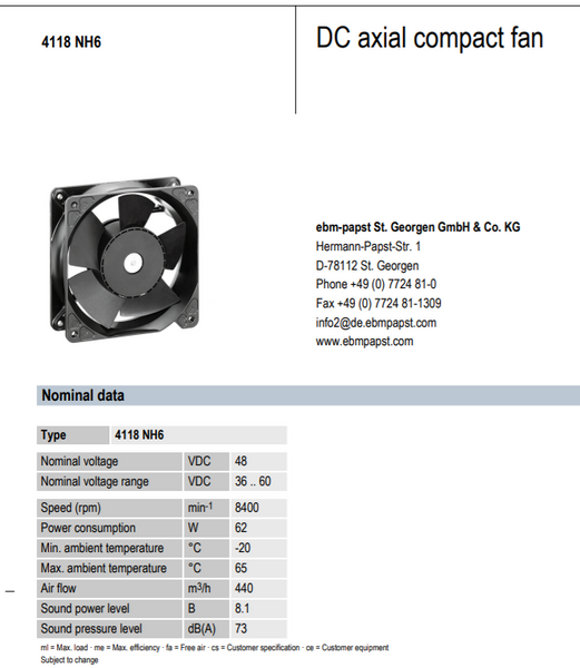 Ebmpapst 4118 NH6 Axial compact fan DC 48V 1.3A 62W cooling fan