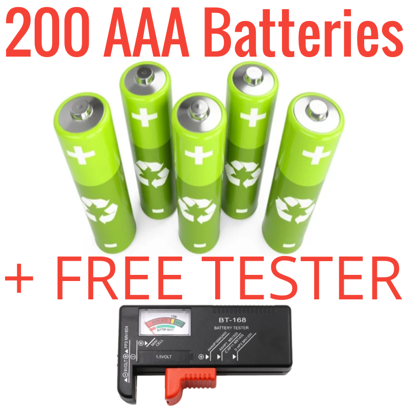 200 AAA Alkaline Batteries + Free Tester