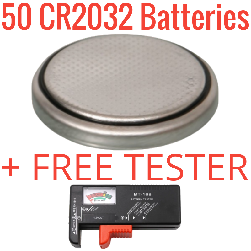 50 Pack CR2032 Lithium Batteries + Free Tester