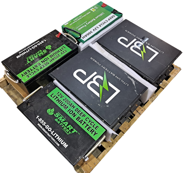Pallet with 2x 48v 100ah, 2x 12v 200ah, 1x 12v 300ah