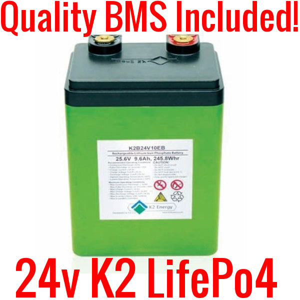 24V 9.6ah 245.8wh K2 Lifepo4 Battery w/ BMS K2B24V10EB – Battery