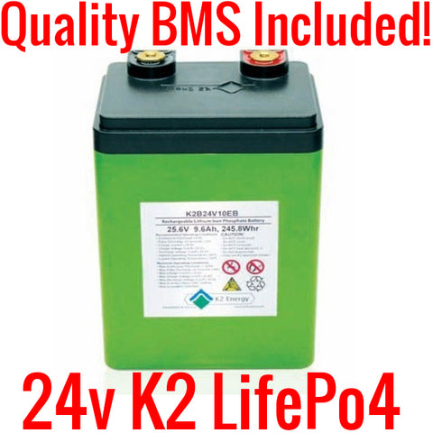 24V 9.6ah 245.8wh K2 Lifepo4 Battery w/ BMS K2B24V10EB