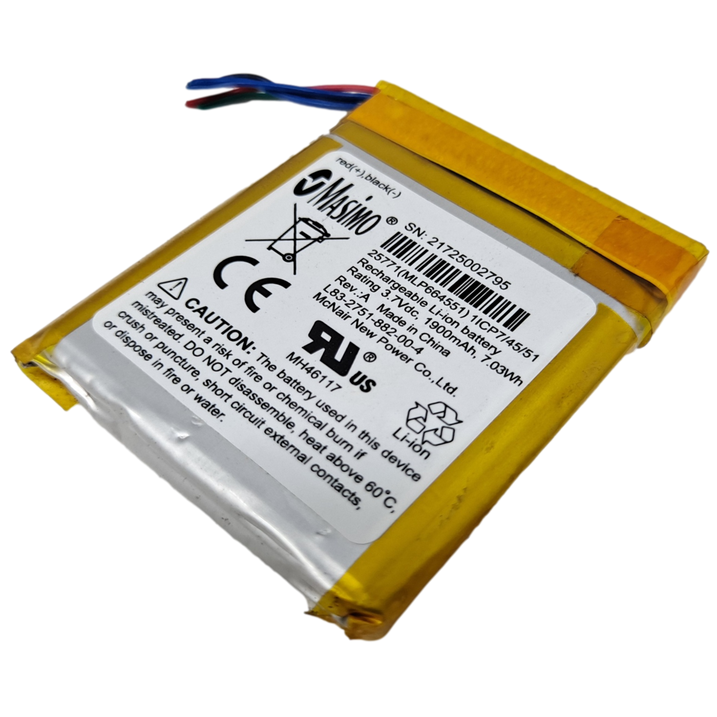 3.7V 1900mah 7.03WH CELLS W/ BMS Masimo - No connector