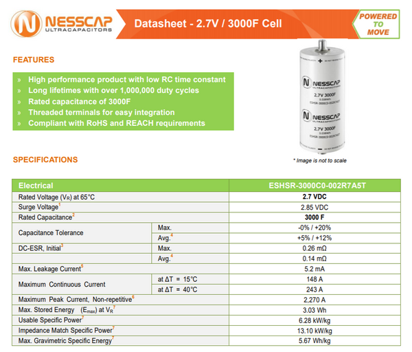 48v 18x 2.7v 3000F 3.038wh Nesscap Ultra-Capacitors 1,000,000 Cycles