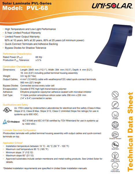Uni-solar PVL-68 68w Amorphous Flexible Solar Panel