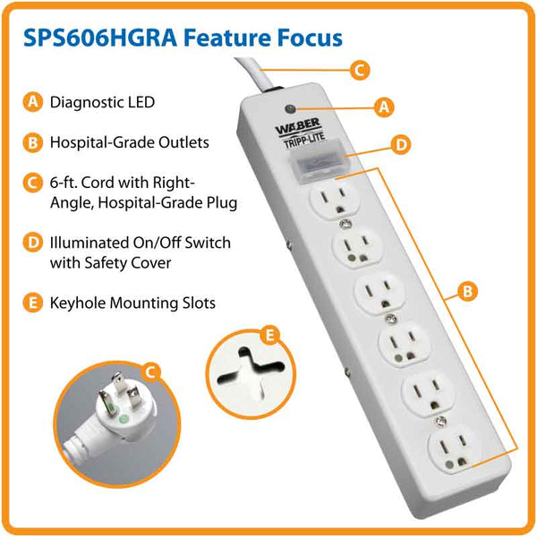 Tripp-Lite SPS606HGRA Hospital Grade Surge Protector