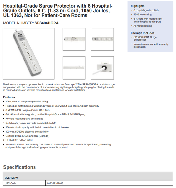 Tripp-Lite SPS606HGRA Hospital Grade Surge Protector